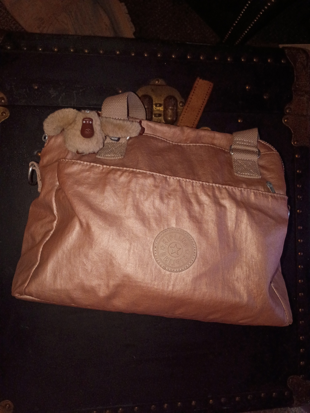 Kipling Metallic Rose Shoulder Bag with Monkey Charm